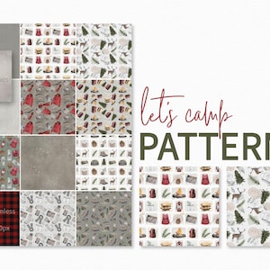 Let’s Camp Patterns – Rustic Camping Plaid and Cozy Outdoor Seamless Patterns – Vintage Campfire Deer Mug Pinecone Art