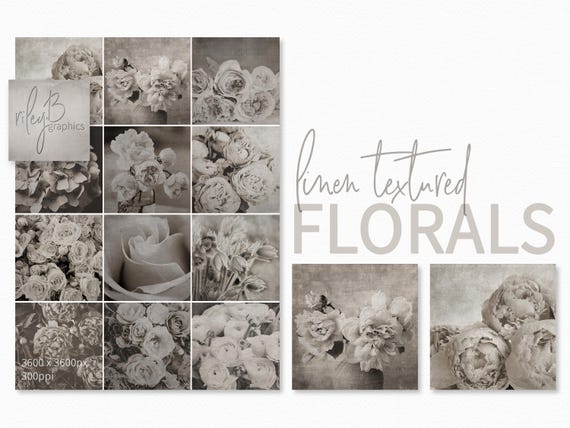 Linen Textured Florals - Vintage Floral Art - Soft Neutral Flowers - Rustic Botanical Prints - Aged Floral Textures - Antique Flower Art