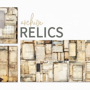 Puede incluir: Un collage artístico con efímeras de papel envejecido, incluyendo recibos, calendarios y notas. La imagen tiene una estética vintage con una paleta de colores neutros de beige, marrón y gris. El texto "archive RELICS" se muestra en el centro.