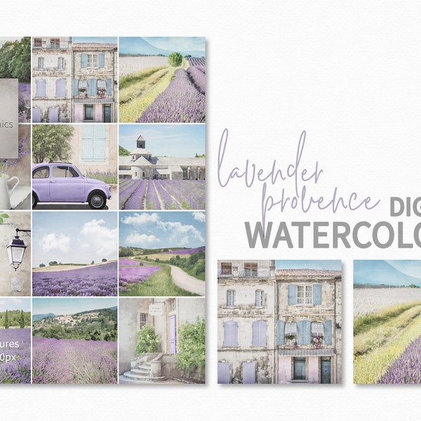 Lavender Provence Watercolors - Lavender Digital Watercolors - Digital French Scenes - Lavender Backgrounds - Provence Backgrounds