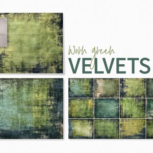May include: Digital art featuring textured backgrounds in shades of green, with dark blue and yellow accents. The image includes the text "Worn green VELVETS" and a logo. The backgrounds are available in various sizes and styles.