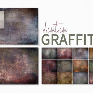 Puede incluir: Un conjunto de 12 fondos digitales con texturas grunge en varios tonos de marrón, azul, verde y morado. Los fondos son de 6000 x 4500 píxeles y 300 ppp. El texto "downtown GRAFFITI" se muestra sobre los fondos.