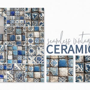 Seamless Vintage Ceramics – Distressed Blue and White Tiles – Weathered Porcelain Patterns – Mediterranean Mosaic Textures – Rustic Tiles