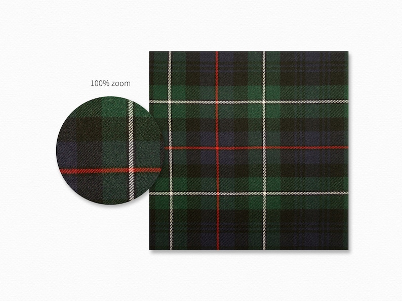 May include: A green, blue, red, and white plaid fabric with a repeating pattern.