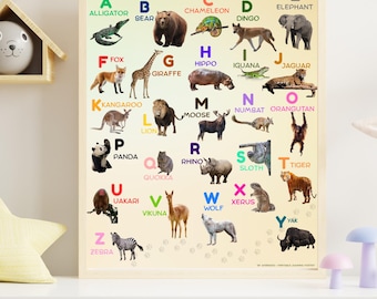 Póster imprimible del alfabeto de animales para niños (paquete de pósteres). Arte mural educativo para niños.