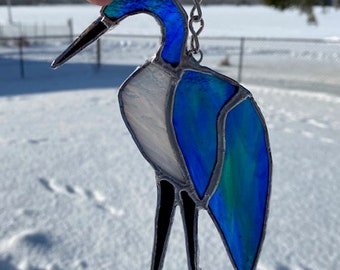 Stained Glass Blue Heron Suncatcher! Beautiful Heron Art Glass for Your Window or Wall! Wonderful Gift for Bird Lover, Bird Watcher or YOU!