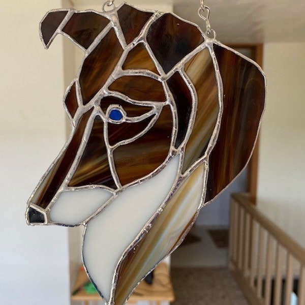 Beautiful Stained Glass Sable and White Collie Suncatcher! Rough Coat Collie Ready to Grace Your Window or Wall! Reddish Brown Coat Glows!