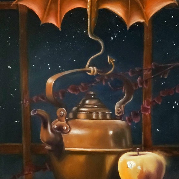 Print Enchanted Teatime Original Fantasy Still Life Dragon Wyvern