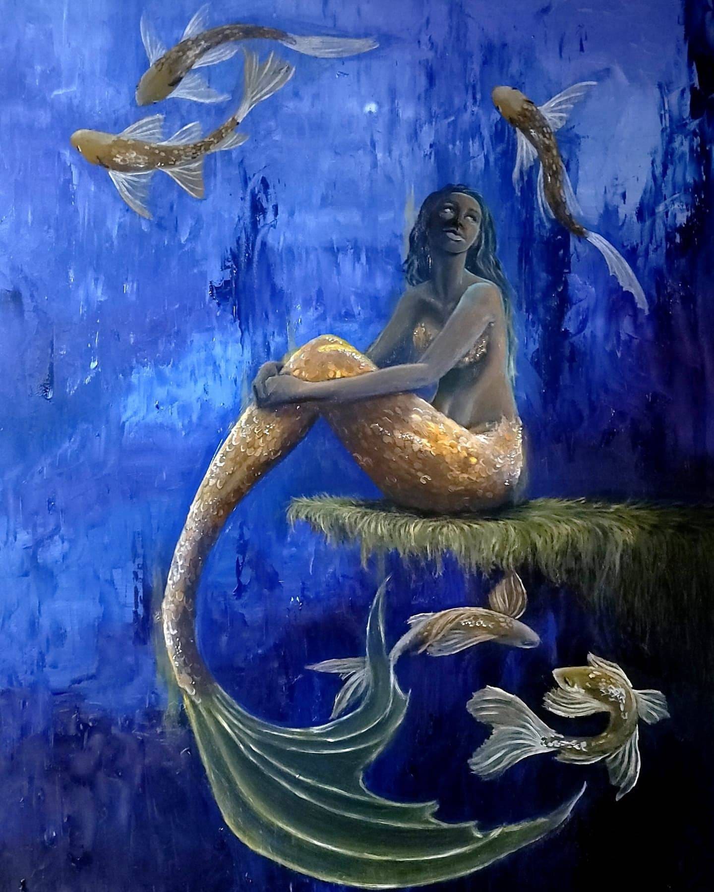 Song of Light Original Mermaid Siren Underwater Fish Blue Sea Oil Painting