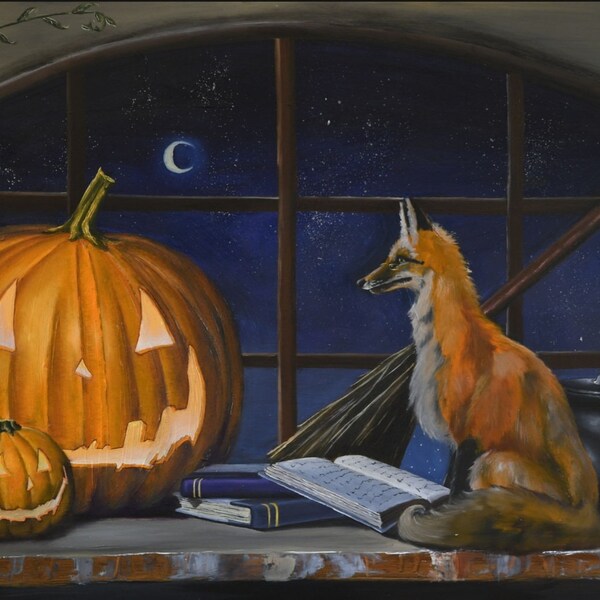 Autumn Evening with Jackolantern and Tea Original Fantasy Still Life Fox Reading Book at Night Print