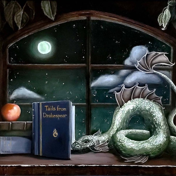 Book Wyrm Original Fantasy Still Life Dragon Reading Book at Night Print
