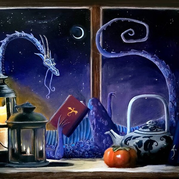 Quiet Moments Original Fantasy Still Life Dragon Reading Book at Night Print