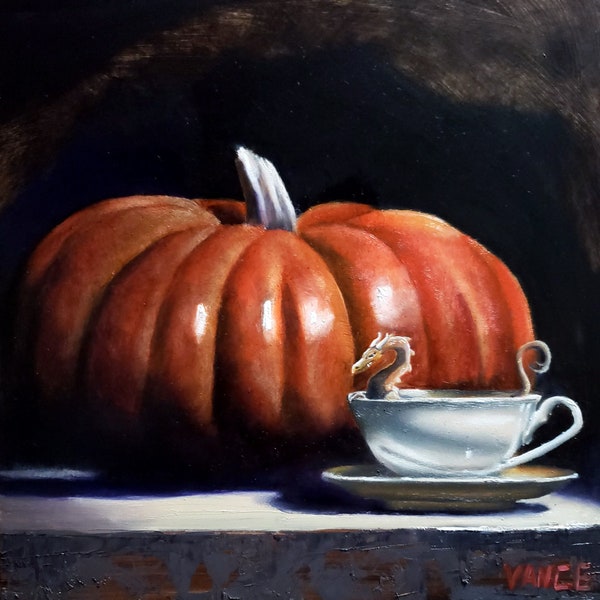 Print Pumpkin Spice Tea Original Dragon Still Life Fantasy Art