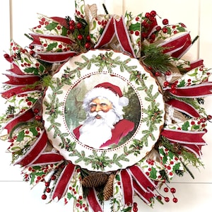 Christmas Wreath for Front Door, Old World Santa Wreath, Decomesh Christmas Wreath, Christmas Door Hanger, Christmas Decor, Santa Door Decor