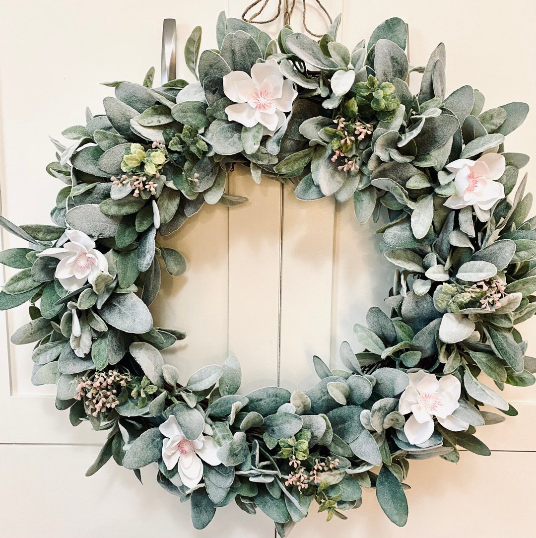 Lambs Ear Wreath With Magnolias, Grapevine Wreath, Front Door Wreath ...