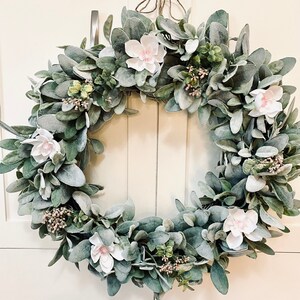 Lambs Ear Wreath with Magnolias, Grapevine Wreath, Front Door Wreath, Year Round Wreath, Spring Magnolia Wreath, Front Porch Decor