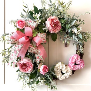 Spring Wreath for Front Door, Heart Wreath with Pink Roses, Romantic Spring Wreath, Year Round Door Decor, Grapevine Front Porch Decor