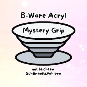 Może przedstawiać: Szary i biały uchwyt do telefonu "Mystery Grip" z tekstem "B-Ware Acryl" i "mit leichten Schönheitsfehlern". Akcesorium ma okrągłą podstawę i warstwową, składaną konstrukcję z czarnym obrysem. Tło to gradient różu i żółci.