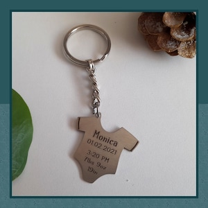 Personalized Baby Birth Stats Keychain: Stainless Steel Bodysuit Gift