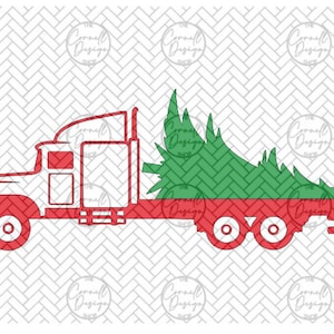 May include: A red semi-truck with a white cab hauling a large green Christmas tree. The truck has a red bed and black wheels.
