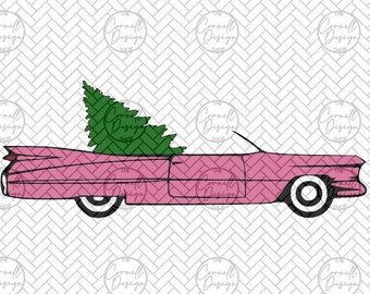Pink Cadillac Hauling Tree Layered SVG - Vintage Christmas - 1950s Christmas - PNG JPG Pdf