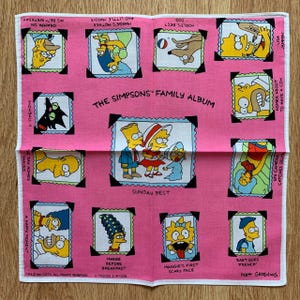 Op de afbeelding: Roze vierkante stof met personages van The Simpsons in ingelijste afbeeldingen. De stof bevat afbeeldingen van Bart, Lisa, Homer, Marge, Maggie en andere personages. Tekst bevat "The Simpsons Family Album" en karakternamen.