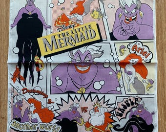 Vintage The Little Mermaid Ariel and Ursula Handkerchief | Rare Character Cotton Scarf | Retro Bandana Gift for Her | 3069