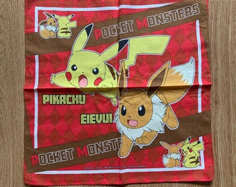 Vintage Pocket Monster Pokemon Pikachu Eevee Handkerchief | Rare Character Cotton Scarf | Retro Bandana Gift for Her | 3365