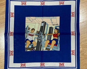 May include: A blue bandana with a white border and the text "XX" repeated around the edge. The centre of the bandana features a cartoon illustration of two people working out at a gym.