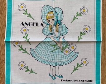Vintage Angela Naito Rune Handkerchief | Rare Character Cotton Scarf | Retro Bandana Gift for Her | 3182