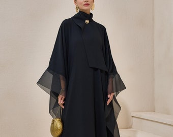 Vestido caftán negro de organza con detalles, vestidos de noche de organza