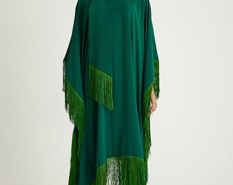 Emerald Fringed Kaftan Dress With Tie Neck Detailed