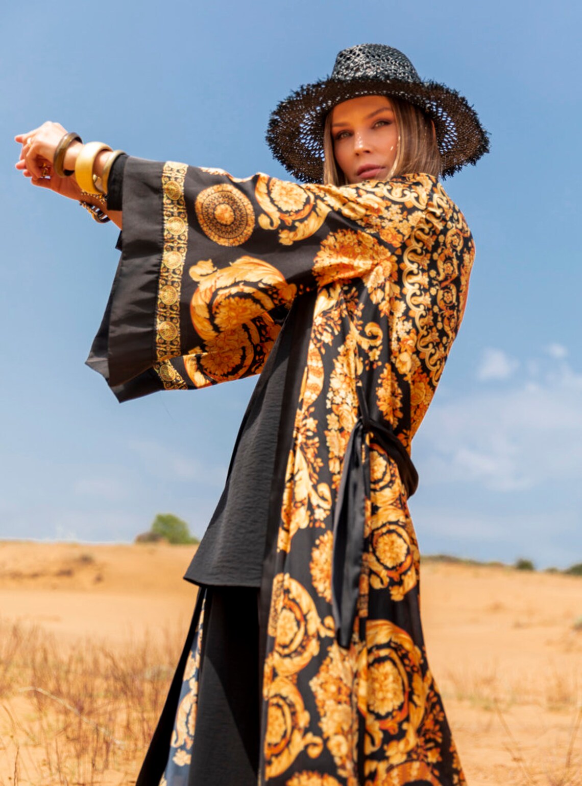 Black and Gold Satin Kimono Long Kimono Robe Luxury Etsy