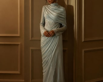 Vestido de noche modesto Lujain / Vestido de gala azul menta con silueta de tulipán / Vestido formal adornado con cristales