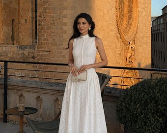 Vestido de cóctel midi sin mangas de encaje ancho para bodas y fiestas