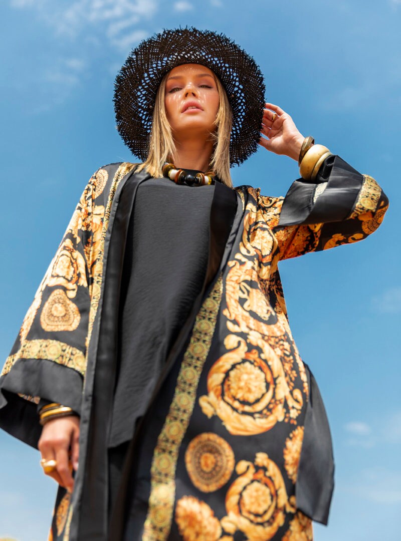 black and gold satin robe