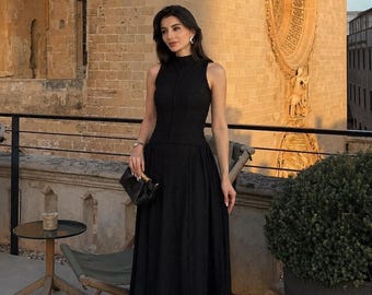 Vestido midi negro sin mangas de encaje para invitada de boda, fiesta o cóctel