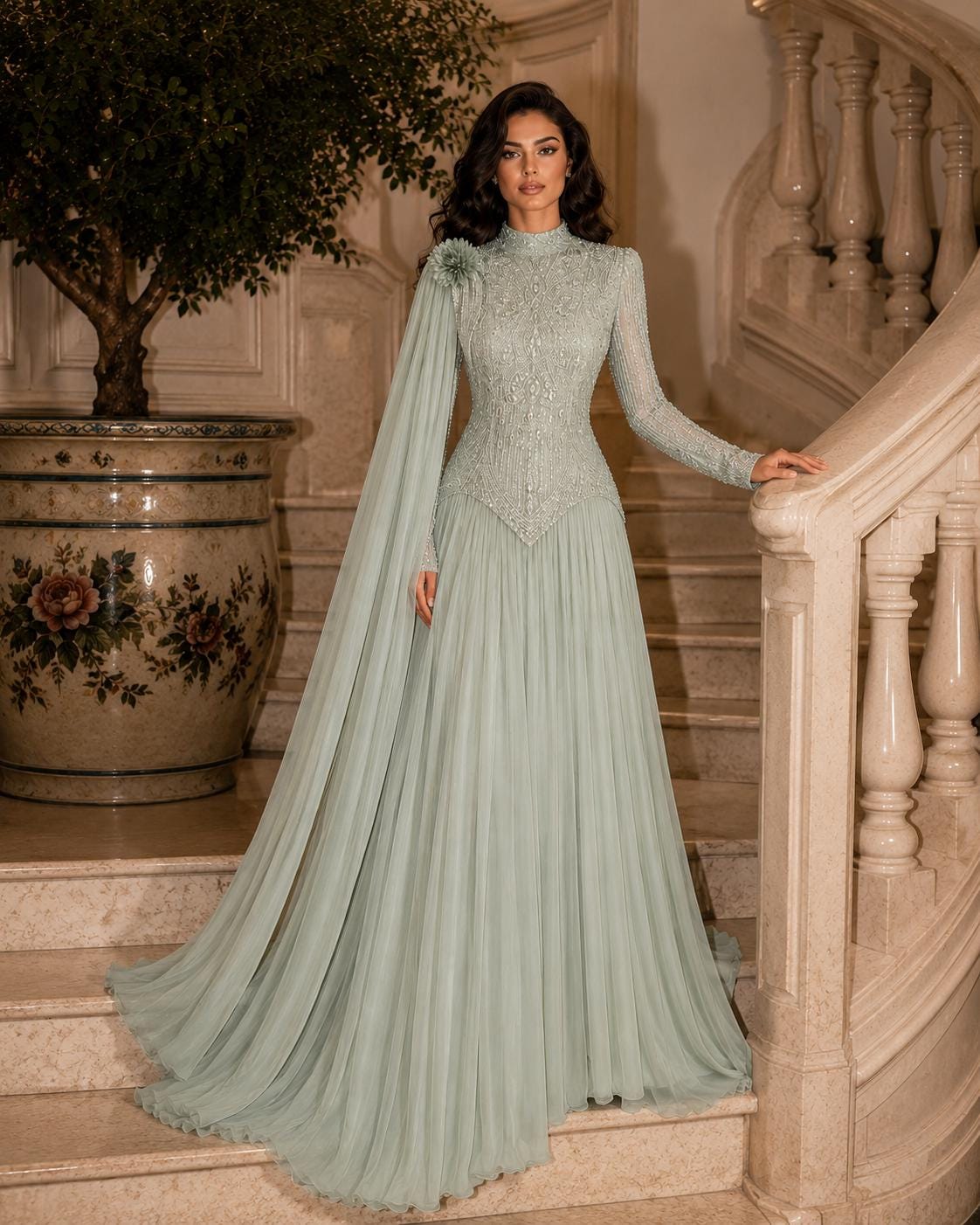 Sage Green Muslim Evening Dress
