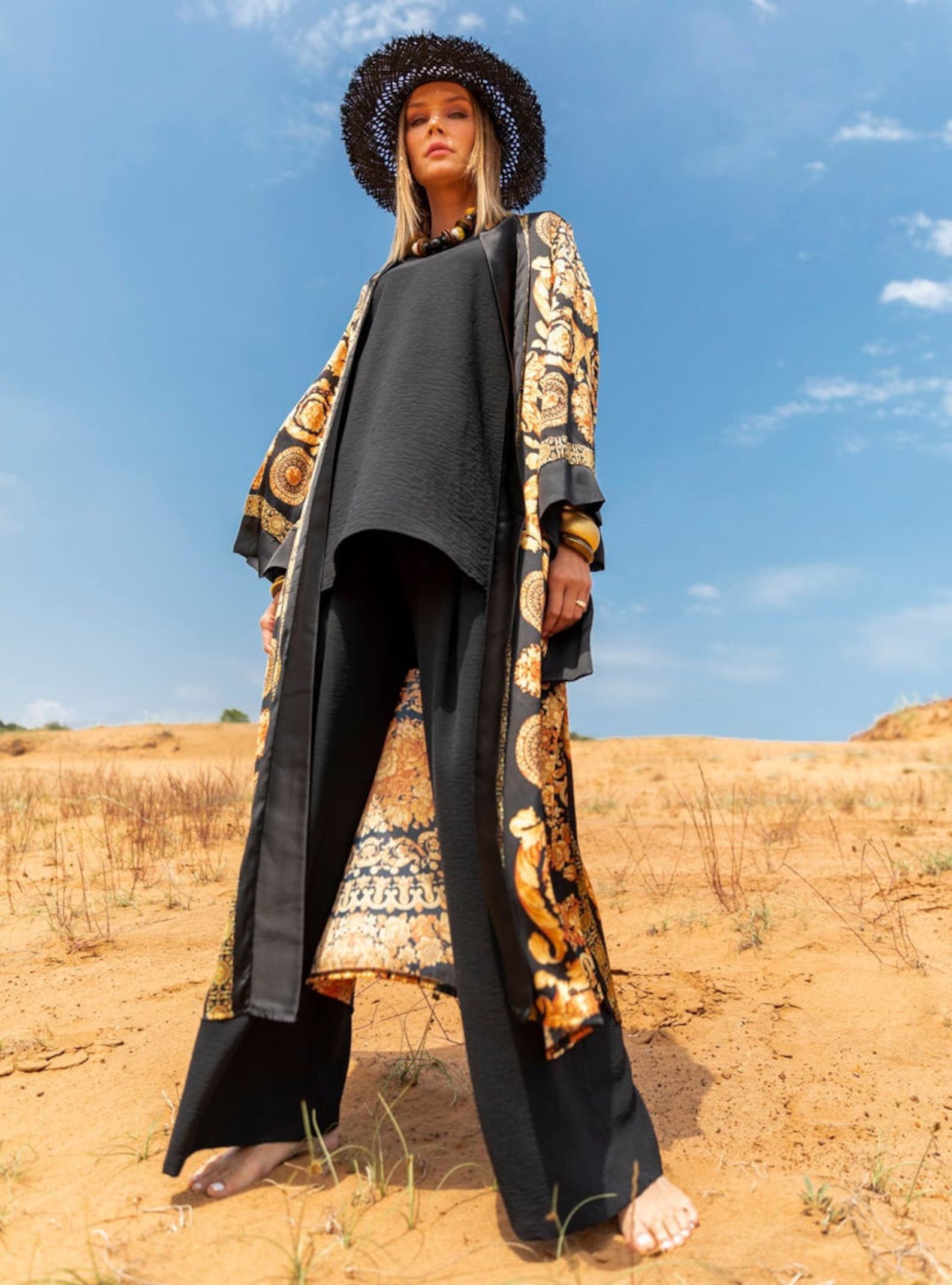 Black and Gold Satin Kimono Long Kimono Robe Luxury Etsy