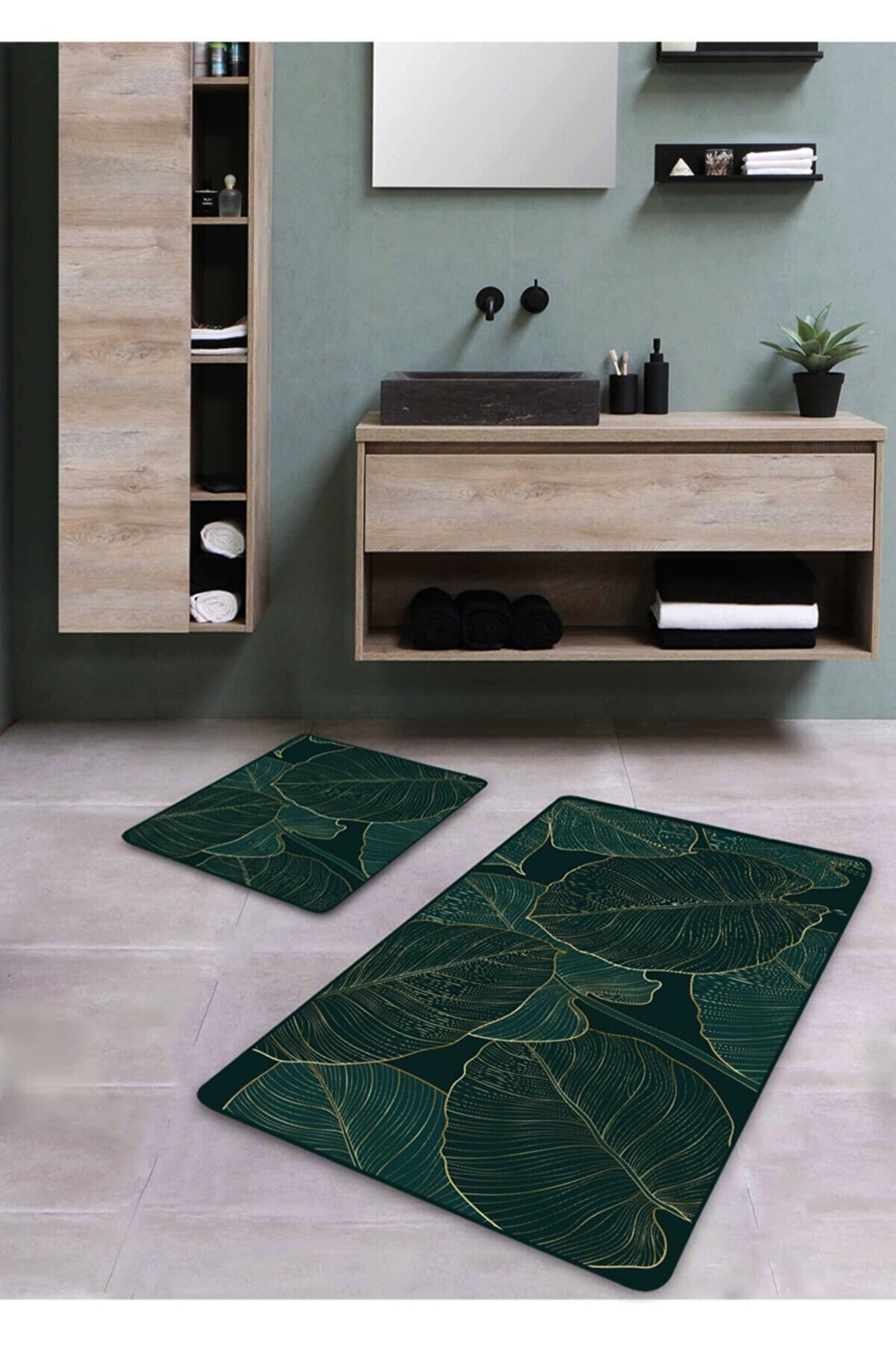 Fancy Palm Bathroom Mat Set Dark Green Bath Set Non Slip Etsy