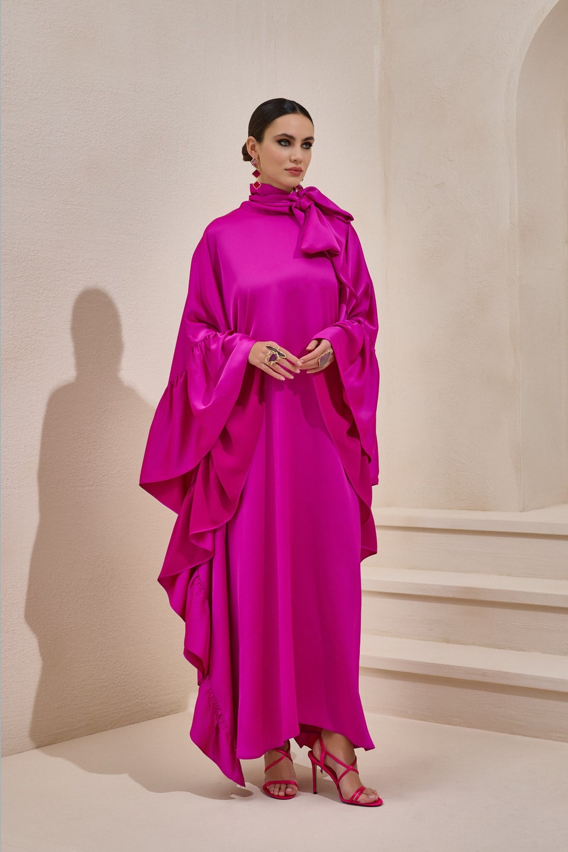 Luna Hand Screen Printed Kaftan in Fuchsia main image 0