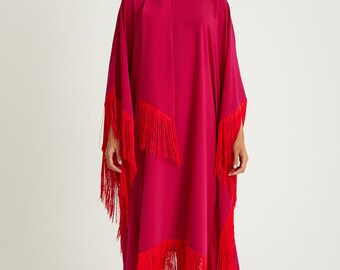 Fushia Red Fringed Kaftan Dress With Tie Neck Detailed