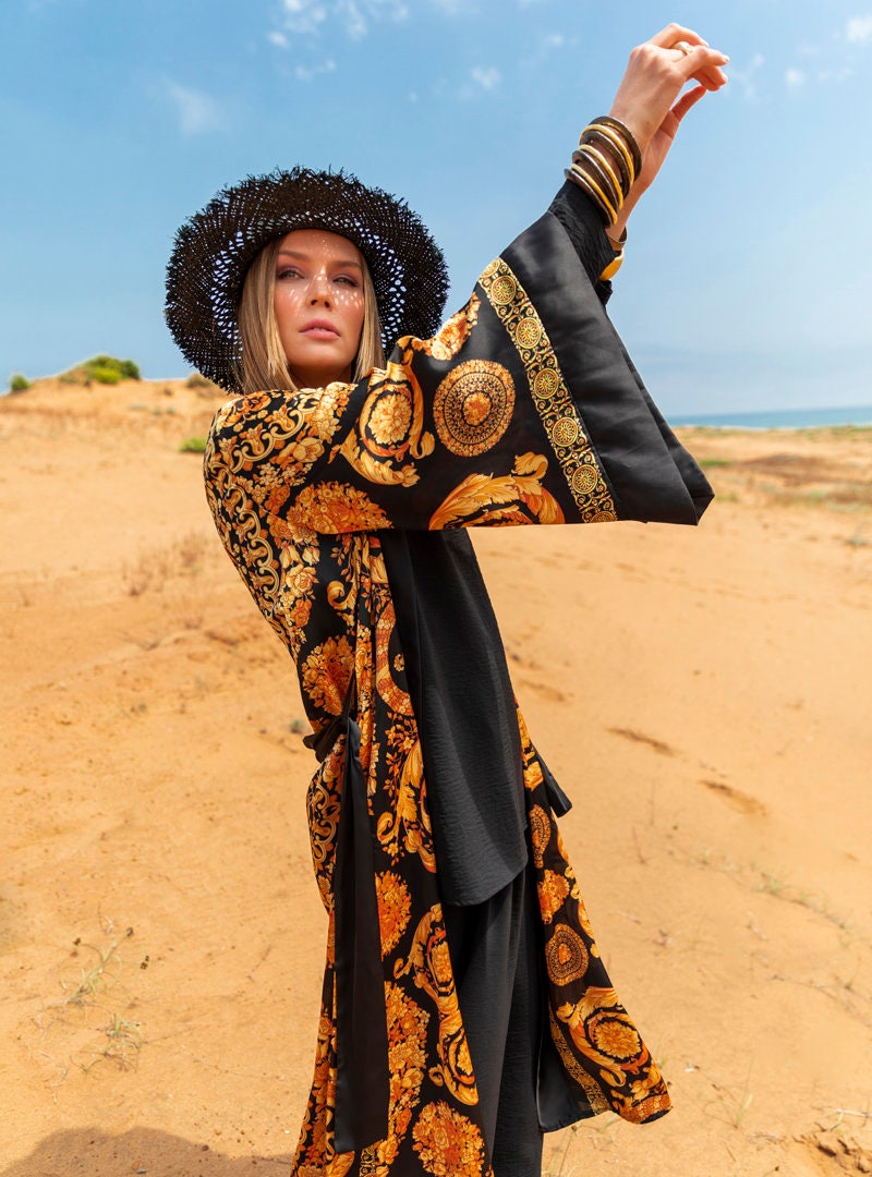 black and gold satin robe