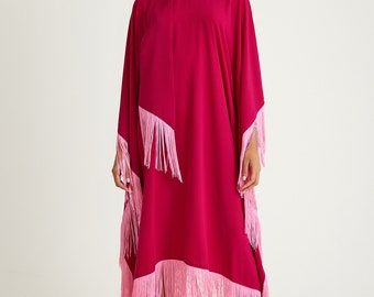 Vestido caftán fucsia con flecos: vestido de noche con lazo en el cuello