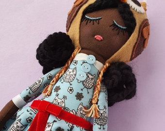 Handmade Rag Doll, Owl Hat Cloth Doll, Modern Heirloom Doll, Traditional Rag Doll, Dark Skin Rag Doll, Gift Idea for Daughter.
