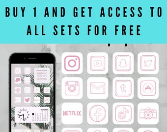 May include: A collection of 16 pink and white app icons for customising a phone's home screen. The icons feature popular social media, streaming, and productivity apps. The text "BUY 1 AND GET ACCESS TO ALL SETS FOR FREE" is at the top of the image.