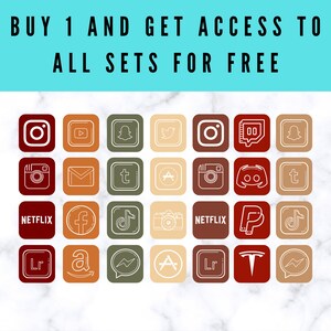 May include: A collection of app icon designs in various colors, including brown, green, and beige. The icons represent popular social media and streaming platforms. Text at the top reads "BUY 1 AND GET ACCESS TO ALL SETS FOR FREE."