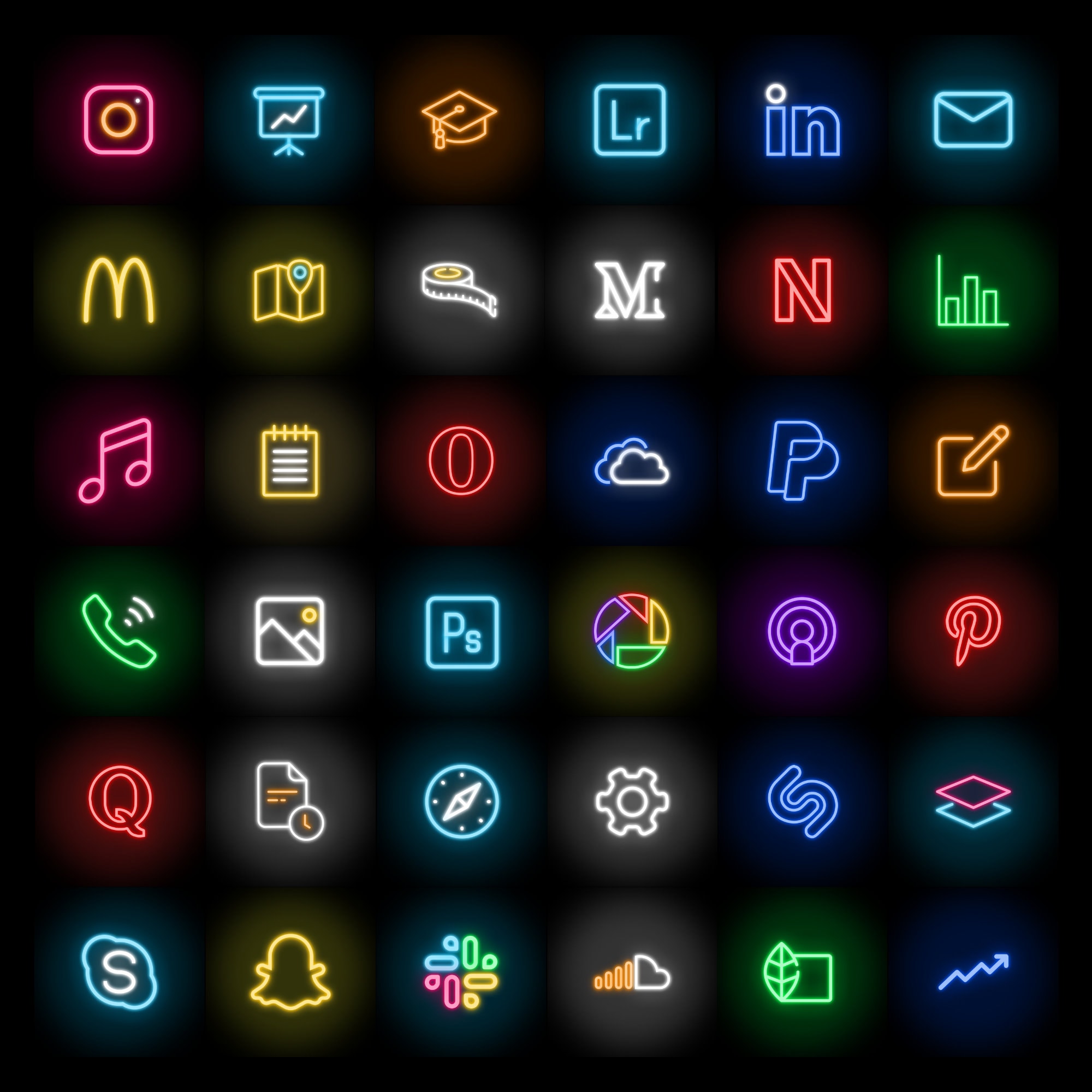 100 App Icons in Neon Lights Theme. Ios14 App Icons Black for Iphone