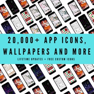 May include: A collection of smartphones with various app icons and wallpapers displayed on their screens. The image includes the text "20,000+ APP ICONS, WALLPAPERS AND MORE" and "LIFETIME UPDATES + FREE CUSTOM ICONS". The phones have black bezels.