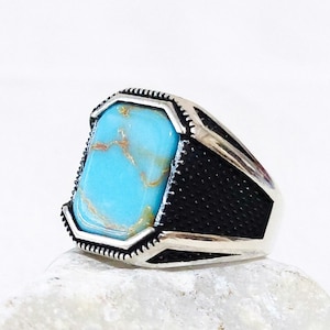 Sterling Silver Men&#39;s Ring: Handmade Turquoise Gemstone Ring